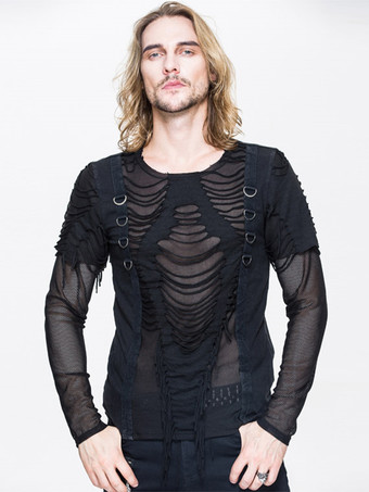 ブラック ハロウィン ゴシック メンズ パンクロックスタイル スリムフィット トップ シアー Tシャツ