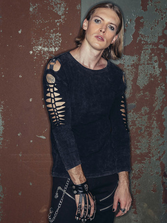 Black Men's British Street Punk Rock Style Tops Hollow T-shirt