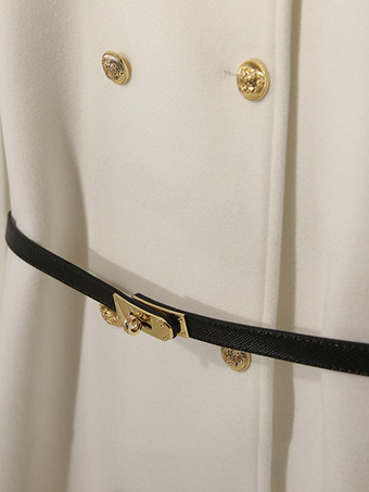 女性用コート ホワイト ターンダウンカラー 長袖 サッシュ レイヤード カジュアル 冬用コート