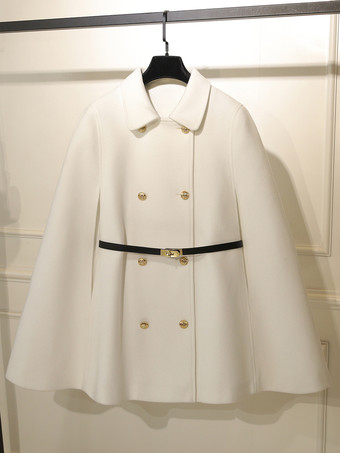 ホワイト 女性用コート ホワイト ターンダウンカラー 長袖 サッシュ レイヤード カジュアル 冬用コート