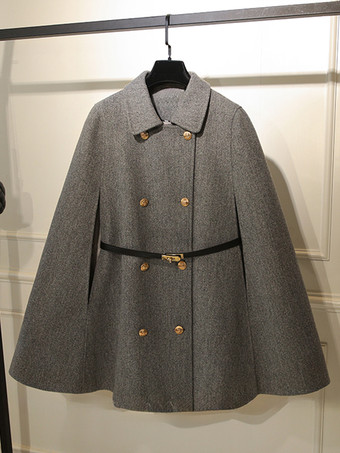 グレイ女性用コート ホワイト ターンダウンカラー 長袖 サッシュ レイヤード カジュアル 冬用コート