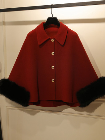 レッド＋ブラック女性用コート カラーブロック ターンダウンカラー フェイクファー カジュアル ホワイト 冬用コート