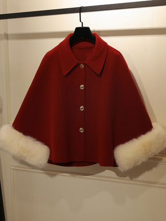 レッド＋ホワイト女性用コート カラーブロック ターンダウンカラー フェイクファー カジュアル ホワイト 冬用コート