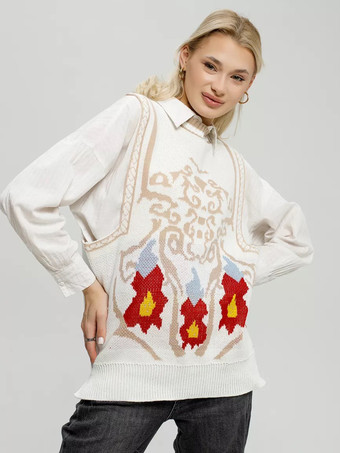 Pulls pour femmes pulls blancs en polyester sans manches à col bijou