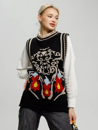 noir Pulls pour femmes pulls blancs en polyester sans manches à col bijou