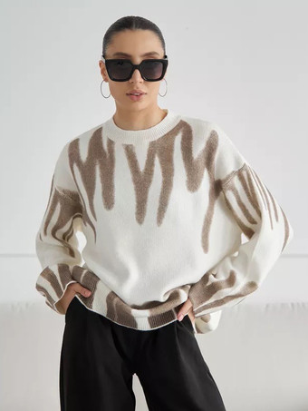 ブラウン レディースプルオーバー ライトスカイブルー ツートン ジュエルネック 長袖 ポリエステルセーター