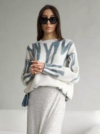 レディースプルオーバー ライトスカイブルー ツートン ジュエルネック 長袖 ポリエステルセーター