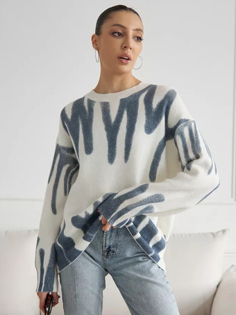 ライトスカイブルーレディースプルオーバー ライトスカイブルー ツートン ジュエルネック 長袖 ポリエステルセーター