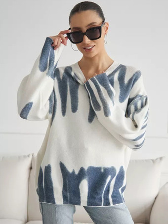 レディースプルオーバー ライトスカイブルー ツートン ジュエルネック 長袖 ポリエステルセーター