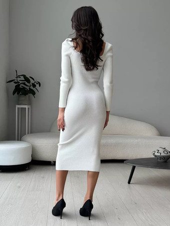 ニットドレス 快適なボタン スクエアネック 長袖 ポリエステル