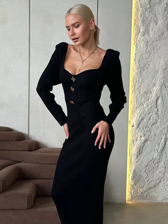 ニットドレス 快適なボタン スクエアネック 長袖 ポリエステル