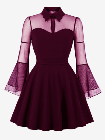 フクシア ヴィンテージドレス 1950年代 オードリー ヘップバーン スタイル ダークネイビー 透け感 長袖 ターンダウンカラー ショート ロカビリー ドレス