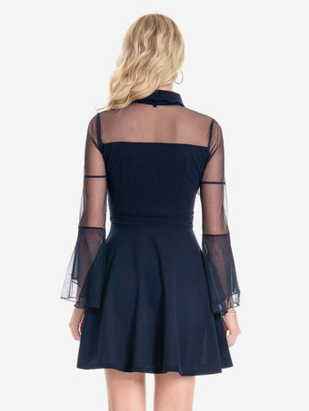 ヴィンテージドレス 1950年代 オードリー ヘップバーン スタイル ダークネイビー 透け感 長袖 ターンダウンカラー ショート ロカビリー ドレス