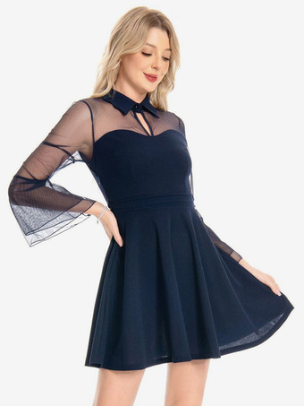 ヴィンテージドレス 1950年代 オードリー ヘップバーン スタイル ダークネイビー 透け感 長袖 ターンダウンカラー ショート ロカビリー ドレス