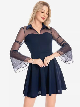 ヴィンテージドレス 1950年代 オードリー ヘップバーン スタイル ダークネイビー 透け感 長袖 ターンダウンカラー ショート ロカビリー ドレス