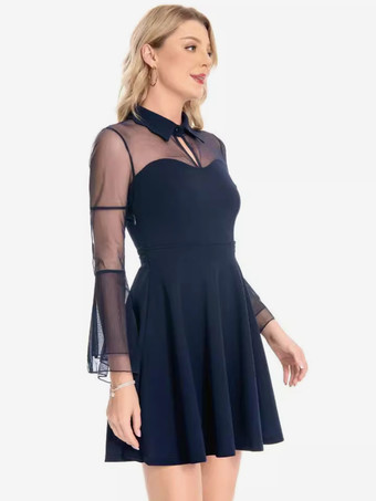 ヴィンテージドレス 1950年代 オードリー ヘップバーン スタイル ダークネイビー 透け感 長袖 ターンダウンカラー ショート ロカビリー ドレス