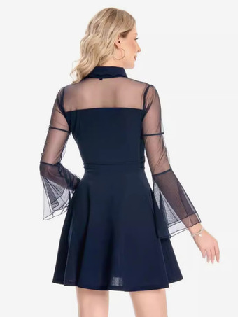 ヴィンテージドレス 1950年代 オードリー ヘップバーン スタイル ダークネイビー 透け感 長袖 ターンダウンカラー ショート ロカビリー ドレス