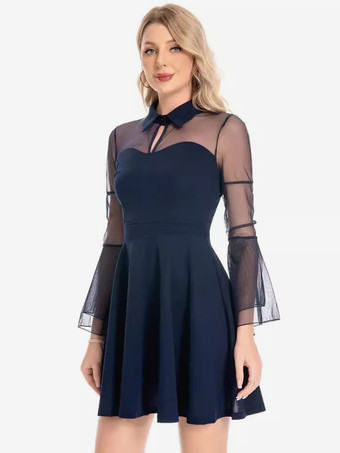 ヴィンテージドレス 1950年代 オードリー ヘップバーン スタイル ダークネイビー 透け感 長袖 ターンダウンカラー ショート ロカビリー ドレス