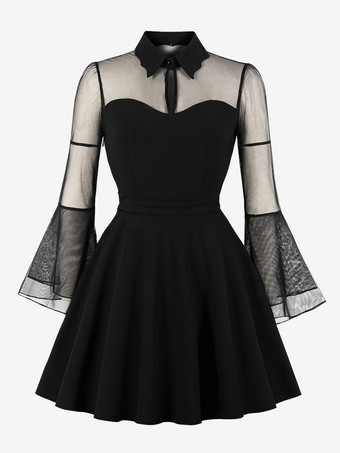 ブラック ヴィンテージドレス 1950年代 オードリー ヘップバーン スタイル ダークネイビー 透け感 長袖 ターンダウンカラー ショート ロカビリー ドレス