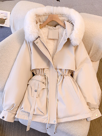 ホワイト レディースジャケットフェイクファーポリエステル