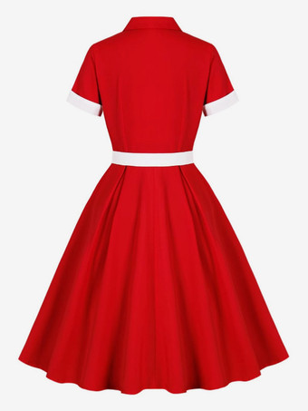 レトロドレス レッド 1950 年代 オードリー ヘプバーン スタイル ツートン サッシュ 半袖 ターンダウン カラー ロング スイング ドレス