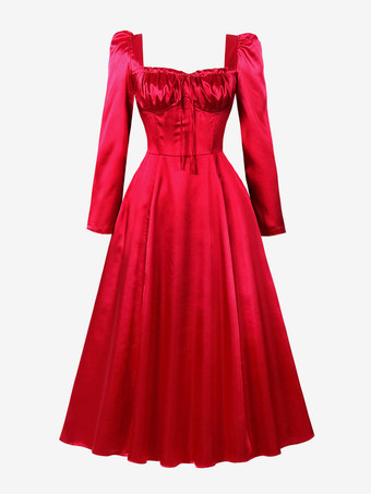 レッド レトロドレス スクエアネック リボン 1950年代 オードリー・ヘプバーン風 長袖 ロングレッド スイングドレス