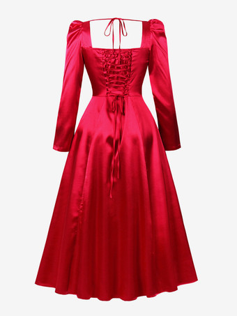 レトロドレス スクエアネック リボン 1950年代 オードリー・ヘプバーン風 長袖 ロングレッド スイングドレス