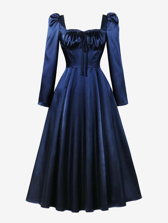 ダークネイビーレトロドレス スクエアネック リボン 1950年代 オードリー・ヘプバーン風 長袖 ロングレッド スイングドレス