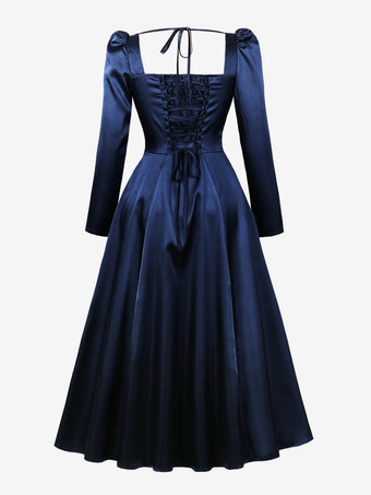 レトロドレス スクエアネック リボン 1950年代 オードリー・ヘプバーン風 長袖 ロングレッド スイングドレス