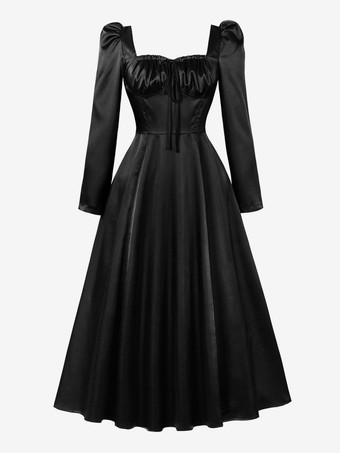 ブラック レトロドレス スクエアネック リボン 1950年代 オードリー・ヘプバーン風 長袖 ロングレッド スイングドレス