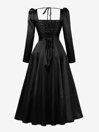 レトロドレス スクエアネック リボン 1950年代 オードリー・ヘプバーン風 長袖 ロングレッド スイングドレス