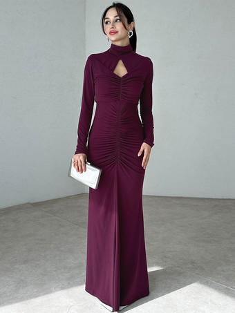 パープル ボディコンドレス パープル ロングスリーブ カットアウト シック ハイカラー ボディコンドレス シースドレス