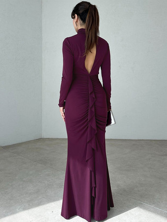 ボディコンドレス パープル ロングスリーブ カットアウト シック ハイカラー ボディコンドレス シースドレス