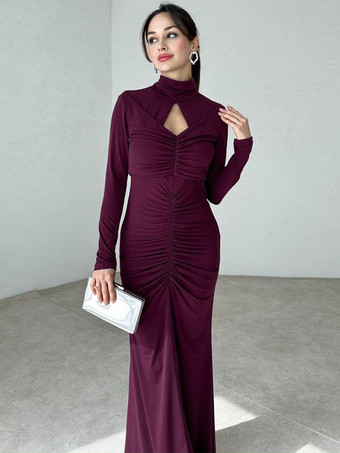 ボディコンドレス パープル ロングスリーブ カットアウト シック ハイカラー ボディコンドレス シースドレス