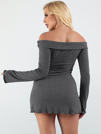 Figurbetonte Kleider Grau Lange Ärmel Metalldetails Schickes figurbetontes Kleid mit U-Boot-Ausschnitt Etuikleid