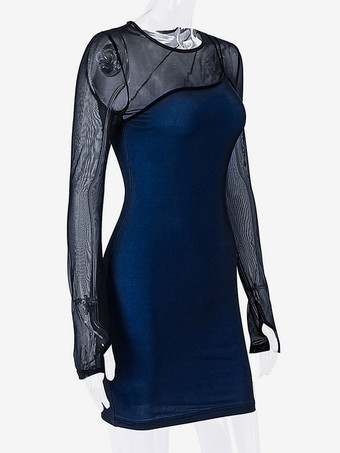 クラブドレス ブルー ストラップネック 長袖 ポリエステル レイヤード セクシードレス