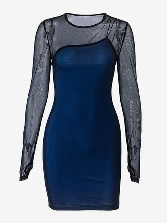 クラブドレス ブルー ストラップネック 長袖 ポリエステル レイヤード セクシードレス