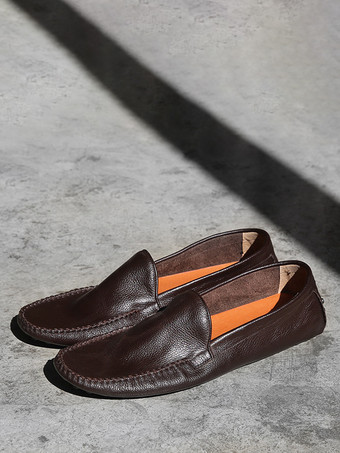 ブラウン ラウンドトゥ レザー メンズ ローファー シューズ スリッポン カジュアルシューズ