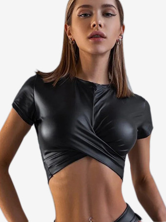 PUブラッククラブウェアトップファッションジュエルネック半袖ポリエステルレイヤード