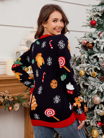 女性用プルオーバー ディープブルー クリスマス柄 ジュエルネック 長袖 ポリエステル セーター