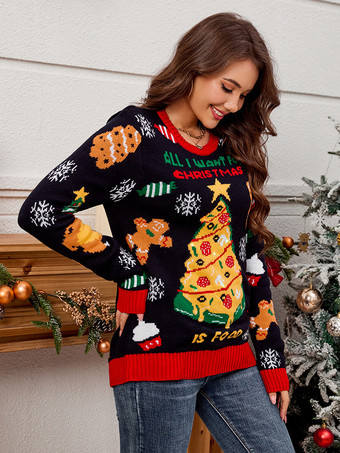 女性用プルオーバー ディープブルー クリスマス柄 ジュエルネック 長袖 ポリエステル セーター