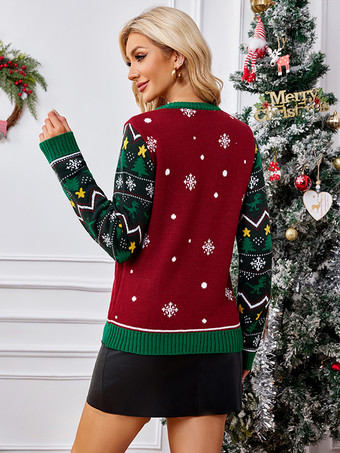 レディース プルオーバー セーター バーガンディ クリスマス柄 ジュエルネック 長袖 ポリエステル セーター