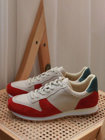 レッド メンズスニーカー スエードレザー 厚底 レトロ ランニング カジュアルシューズ