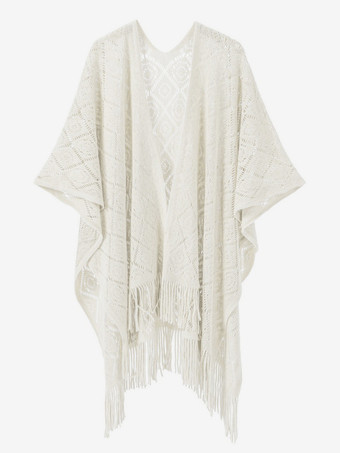 ホワイト レディースポンチョデザインネックラインライトブラウンポンチョケープ