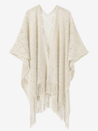 アイボリー レディースポンチョデザインネックラインライトブラウンポンチョケープ