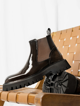 ブラウン メンズ チェルシーブーツ ブラック パテント 牛革 ラウンドトゥ 厚底 アンクル マーティンブーツ