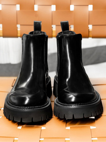 メンズ チェルシーブーツ ブラック パテント 牛革 ラウンドトゥ 厚底 アンクル マーティンブーツ
