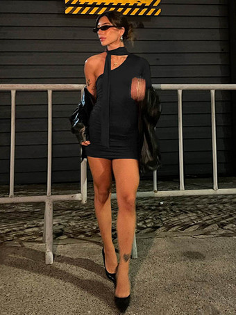 クラブドレス ブラック ストラップ ネック レースアップ ロングスリーブ ポリエステル アシンメトリー セクシードレス