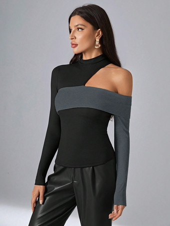 長袖Tシャツ ブラック ポリエステル カラーブロック 非対称デザイン ネックライン レディース Tシャツ