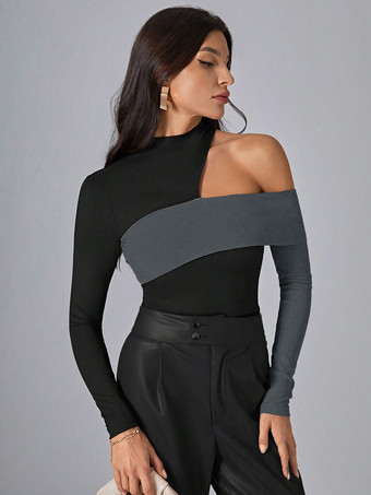 ブラック 長袖Tシャツ ブラック ポリエステル カラーブロック 非対称デザイン ネックライン レディース Tシャツ